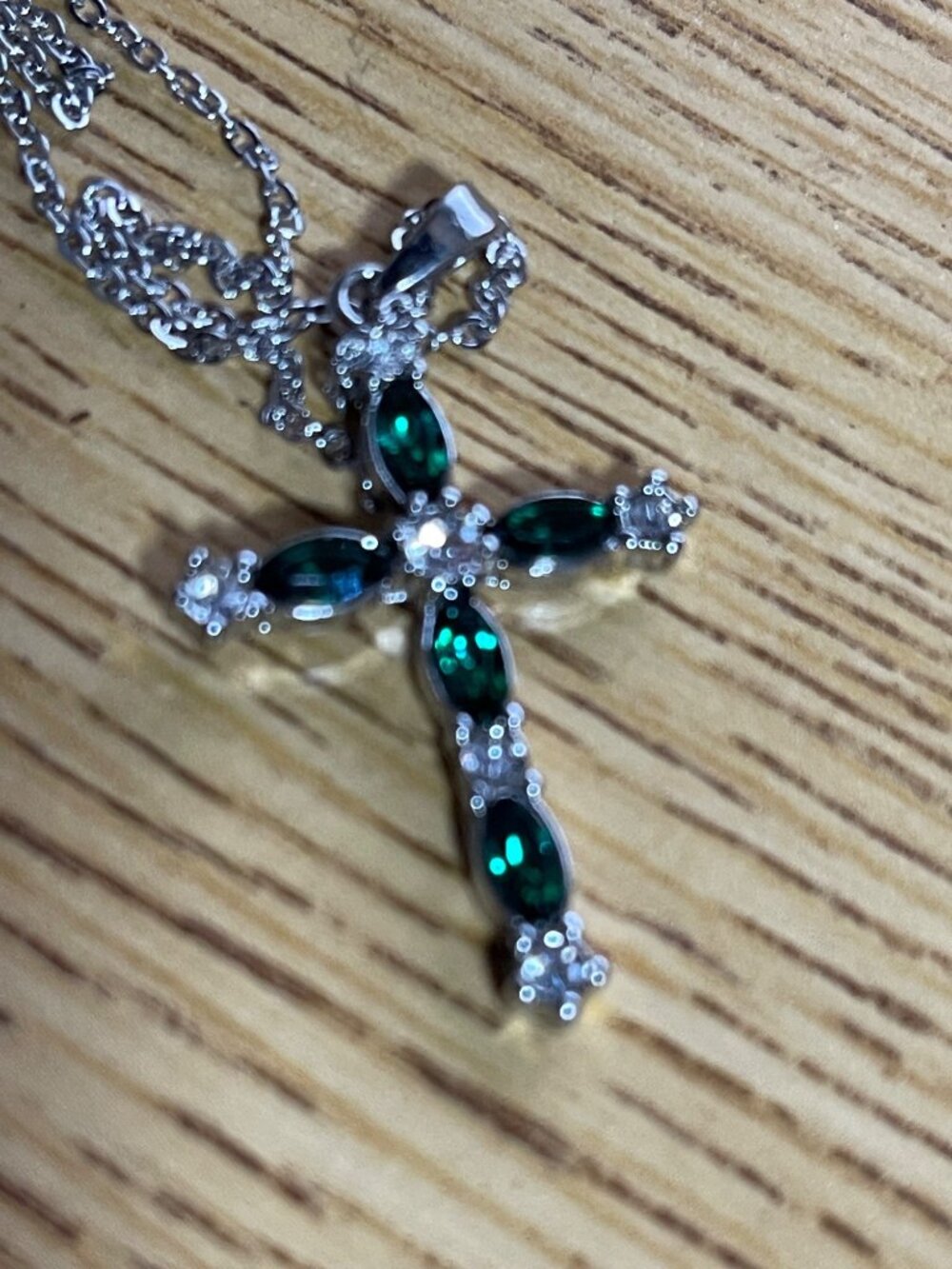 Silver Cross Pendant Chain Necklace Green & White Stones Elegant Fashion Jewelry